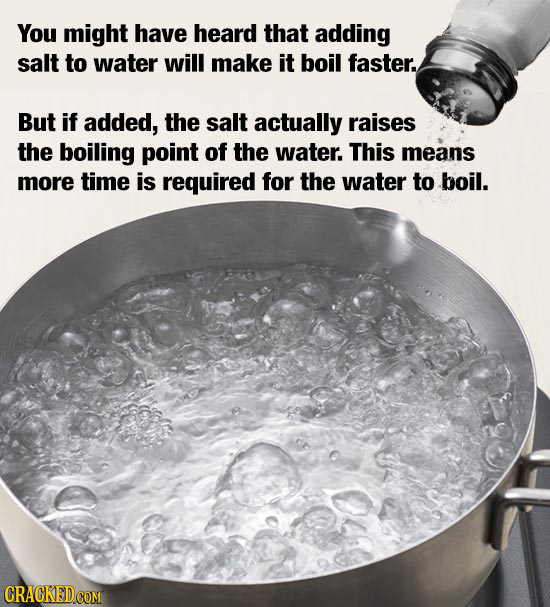 You might have heard that adding salt to water will make it boil faster. But if added, the salt actually raises the boiling point of the water. This m