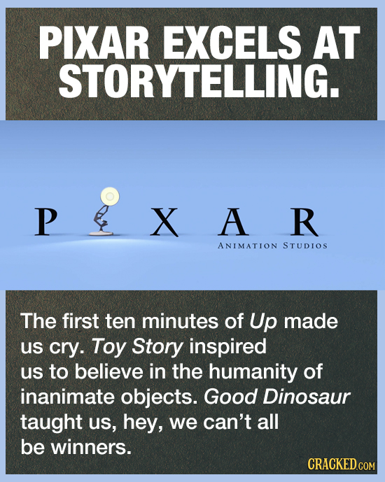 PIXAR EXCELS AT STORYTELLING. P X A R ANIMATION STUDIOS The first ten minutes of Up made us cry. Toy Story inspired us to believe in the humanity of i