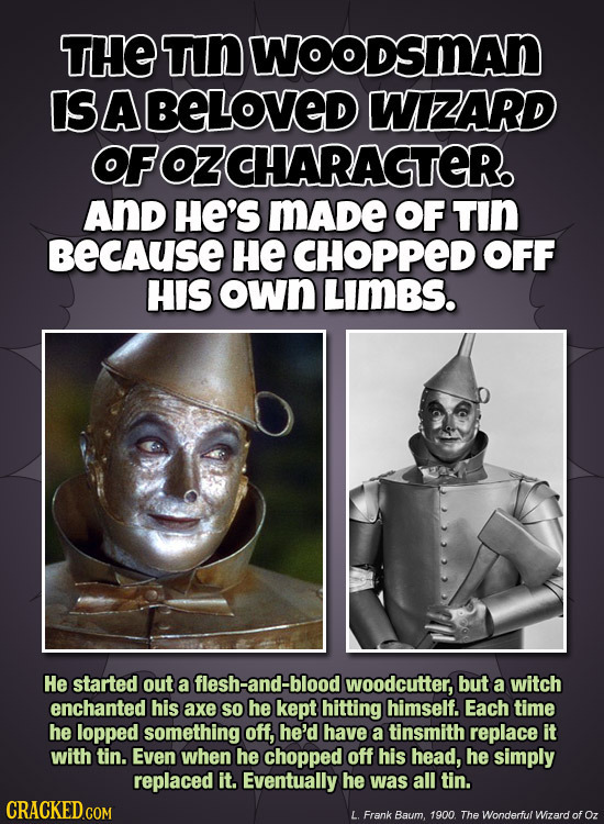 THE Tn WOODSMAN IS BABELOVED WIZARD OFOZCHARAGTER AND HE'S mADe OF TIN BECAUSE HE CHOPPED OFF HIS own LIMBS. He started out a flesh-and-blood woodcutt
