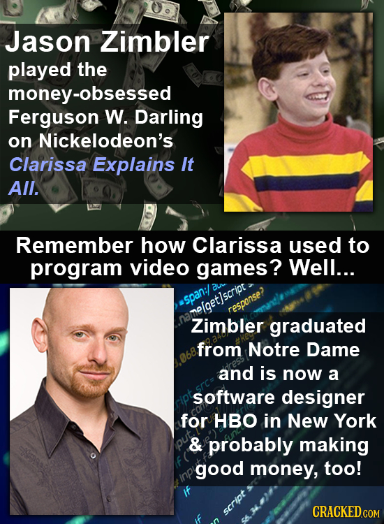Jason Zimbler played the money-obsessed Ferguson W. Darling on Nickelodeon's Clarissa Explains It All. Remember how Clarissa used to program video gam