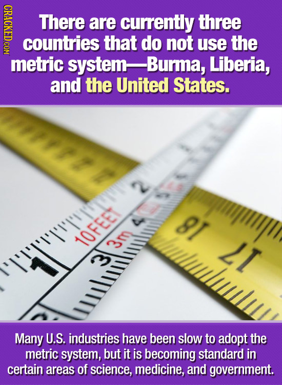GDAO There are currently three countries that do not use the metric system- -Burma, Liberia, and the United States. yhphii 81 luwlulul 10FEE LI 3m Man