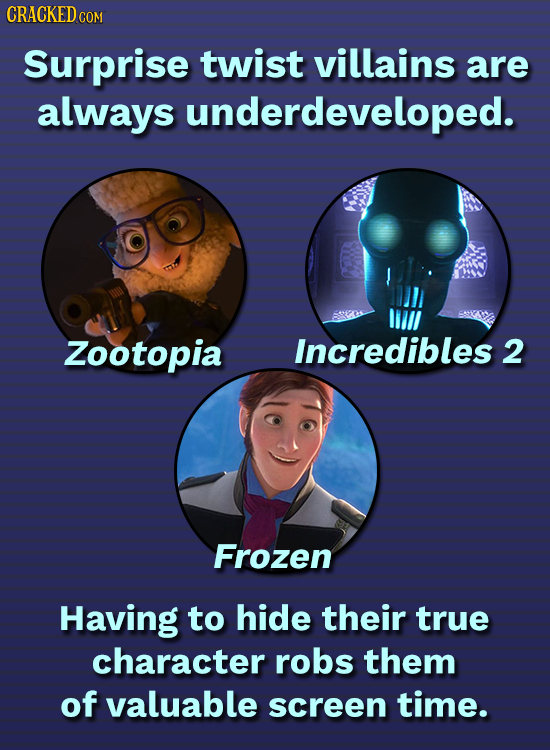CRACKEDCOR COM Surprise twist villains are always underdeveloped. Zootopia Incredibles 2 Frozen Having to hide their true character robs them of valua