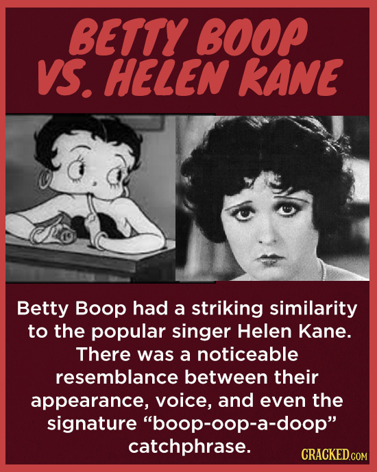 BETTY BOOP VS. HELEN KANE Betty Boop had a striking similarity to the popular singer Helen Kane. There was a noticeable resemblance between their appe