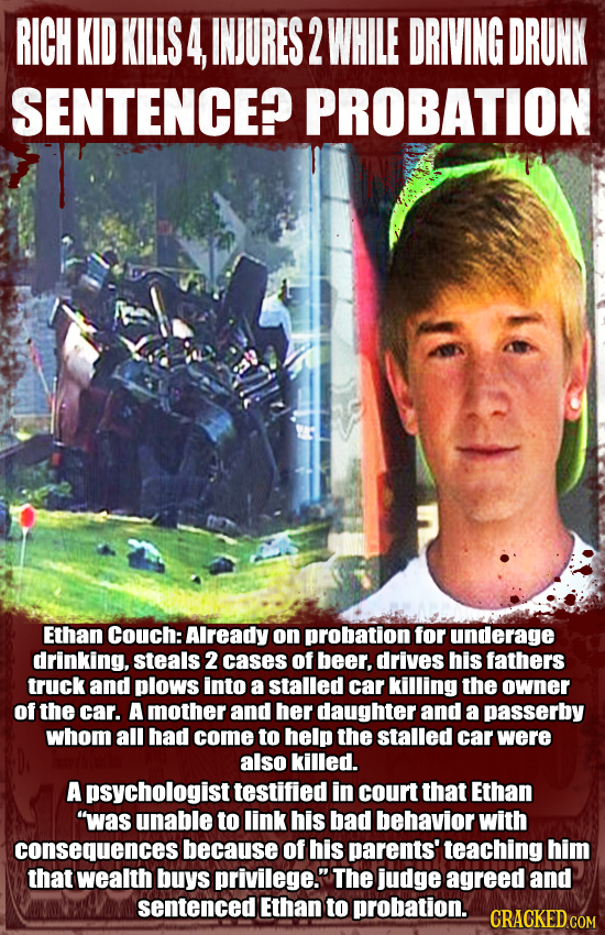 RICH KID KILLS 4, INJURES 2 WHILE DRIVING DRUNK SENTENCE? PROBATION Ethan Couch: Already on probation for underage drinking, steals 2 cases of beer, d