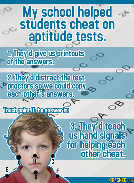 My school helped students cheat on aptitude tests. 1. They'd give us printouts of the answers. 2. They'd distract the test proctors SO we could copy o