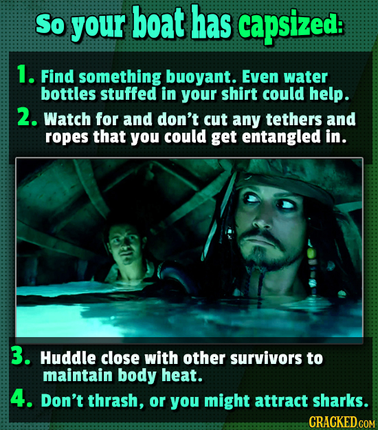So your boat has capsized: 1. Find something buoyant. Even water bottles stuffed in your shirt could help. 2. Watch for and don't cut any tethers and