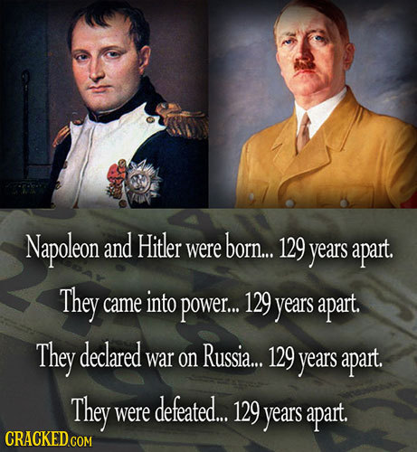 Napoleon and Hitler born... were 129 years apart. They came into power... 129 years apart. They declared Russia... war on 129 years apart. They defeat