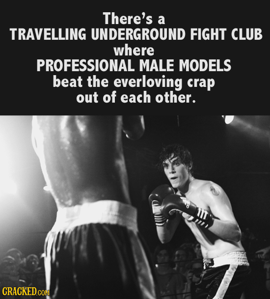 There's a TRAVELLING UNDERGROUND FIGHT CLUB where PROFESSIONAL MALE MODELS beat the everloving crap out of each other. CRACKEDCON