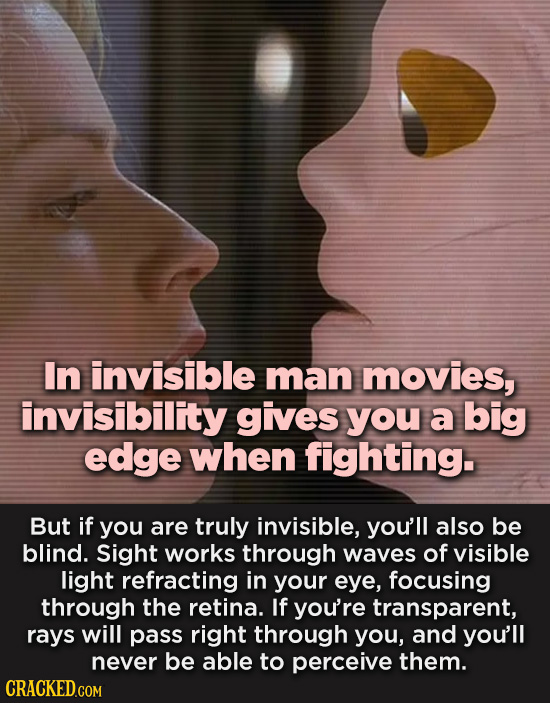 In invisible man movies, invisibility gives you a big edge when fighting. But if you are truly invisible, you'll also be blind. Sight works through wa