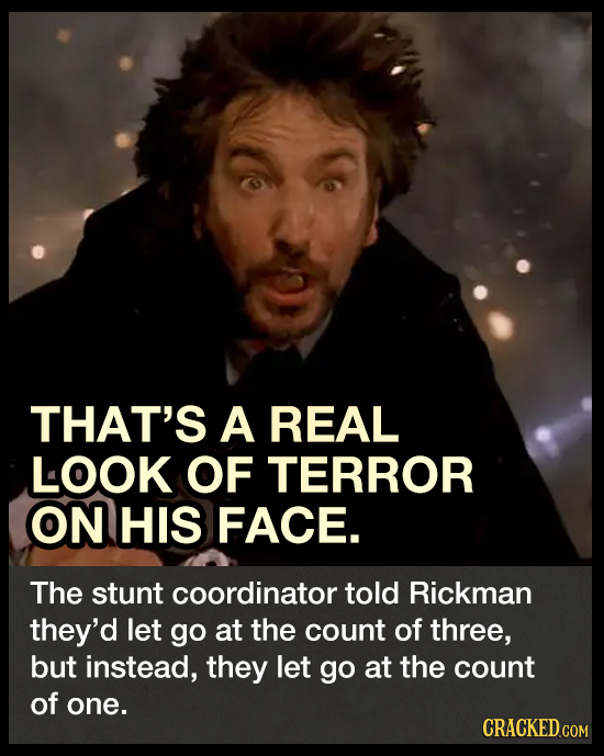 THAT'S A REAL LOOK OF TERROR ON HIS FACE. The stunt coordinator told Rickman they'd let go at the count of three, but instead, they let go at the coun