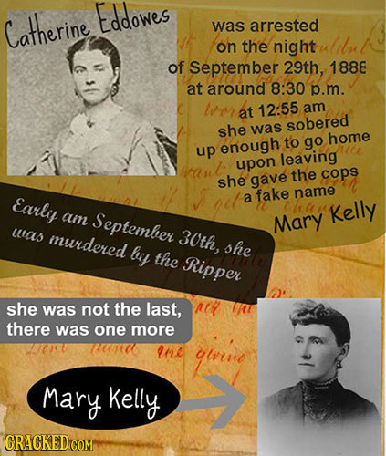 Eddawes Catherine was arrested on the night of September 29th, 1888 at around 8:30 p.m. tvor at 12:55 am she was sobered to go home up enough leaving