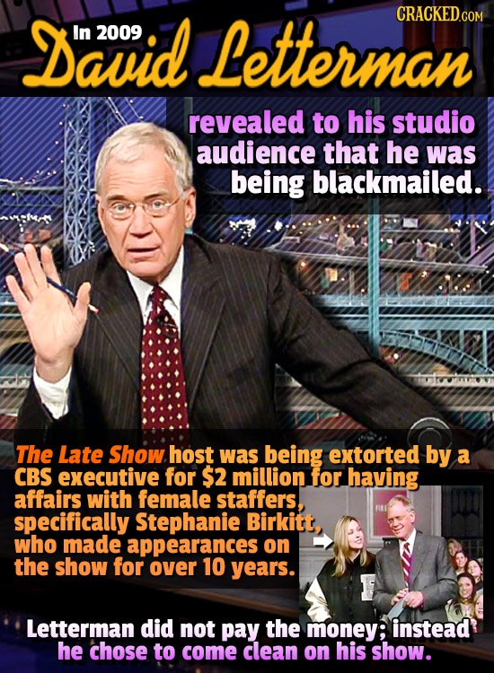 David CRACKED.com In 2009 Letterman revealed to his studio audience that he was being blackmailed.. The Late Show host was being extorted by a CBS exe