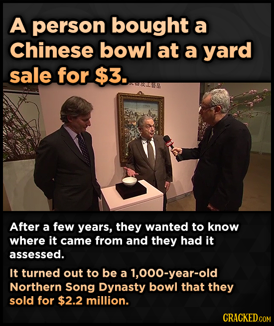 A person bought a Chinese bowl at a yard sale for $3. After a few years, they wanted to know where it came from and they had it assessed. It turned ou