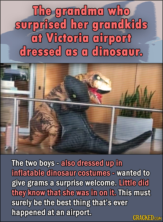 15 Feel Good Stories Of 2020 To End This Wretched Year - The grandma who surprised her grandkids at Victoria airport dressed as a dinosaur. The two b