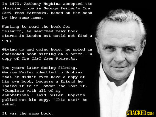 In 1973, Anthony Hopkins accepted the starring role in George Feifer's The Girl from Petrovka, based on the book by the same name. wanting to read the