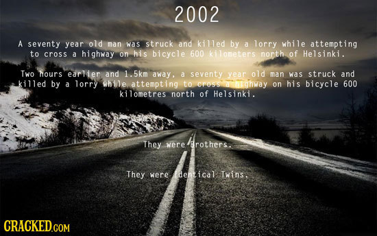 2002 A seventy year old man was struck and killed by a lorry while attempting to cross a highway on his bicycle 600 kilometers north of Helsinki. Two