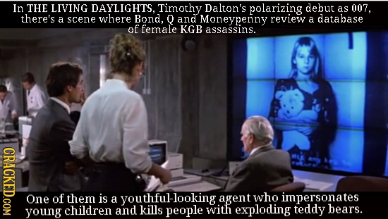 In THE LIVING DAYLIGHTS. Timothy Dalton's polarizing debut as 007. there's a scene where Bond. Q and Moneypenny review a database of female KGB assass