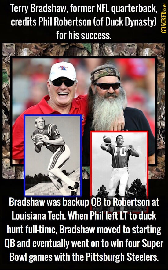 Terry Bradshaw, former NFL quarterback, credits Phil Robertson (of Duck Dynasty) for his success. CRAGN Bradshaw was backup QB to Robertson at Louisia