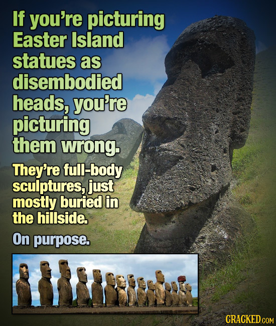 If you're picturing Easter Island statues as disembodied heads, you're picturing them wrong. They're ull-body sculptures, just mostly buried in the hi