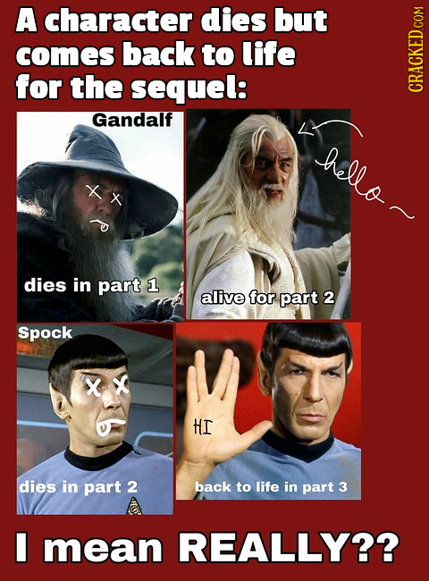 A character dies but comes back to life for the sequel: CRACKED COM Gandalf hello~ dies in part 1 alive for part 2 Spock X X HI dies in part 2 back to