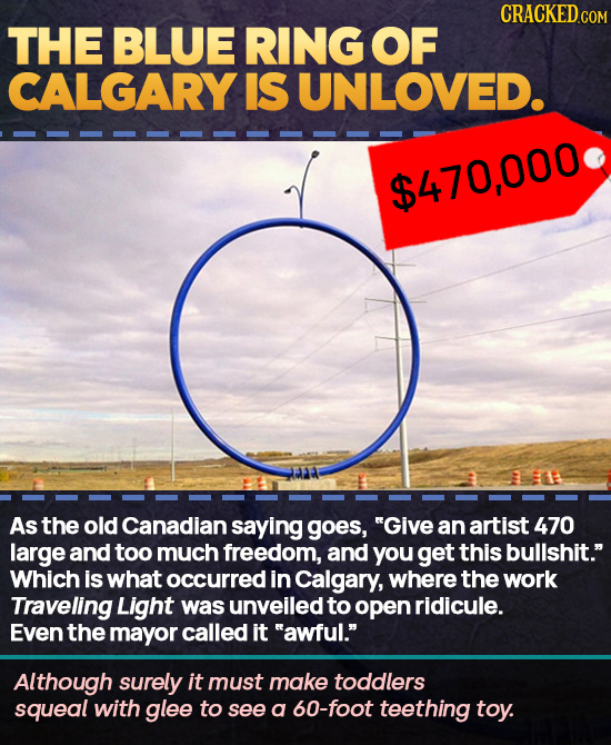 CRACKEDcO THE BLUE RING OF CALGARY IS UNLOVED. $470,000 As the old Canadian saying goes, Give an artist 470 large and too much freedom, and you get t