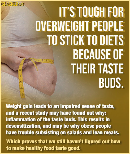 CRACKED COM IT'S TOUGH FOR OVERWEIGHT PEOPLE TO STICK TO DIETS BECAUSE OF THEIR TASTE BUDS. Weight gain leads to an impaired sense of taste, and a rec