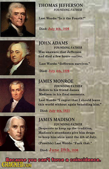 THOMAS JEFFERSON FOUNDING FATHER Last Words: Is it the Fourth? Died: July 4th. 1826 JOHN ADAMS FOUNDING FATHER Was unaware that Jefferson had died a