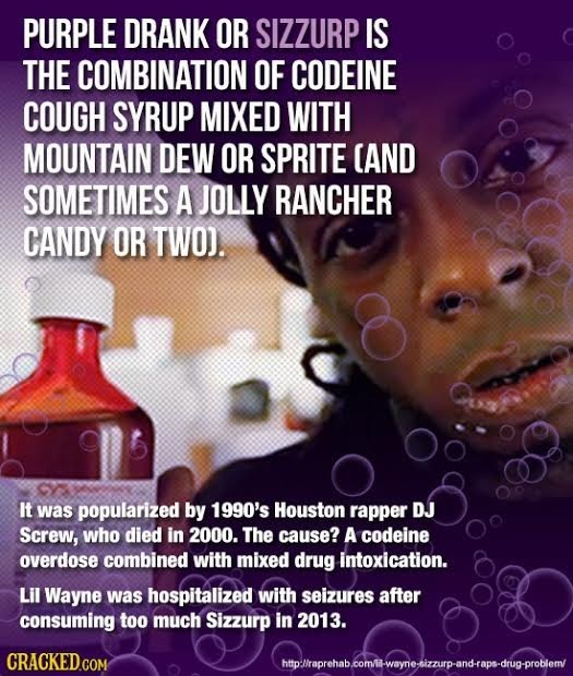 PURPLE DRANK OR SIZZURP IS THE COMBINATION OF CODEINE COUGH SYRUP MIXED WITH MOUNTAIN DEW OR SPRITE AND SOMETIMES A JOLLY RANCHER CANDY OR TWO). It wa