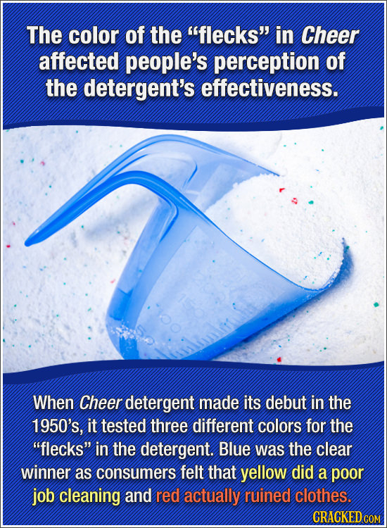 The color of the flecks in Cheer affected people's perception of the detergent's effectiveness. When Cheer detergent made its debut in the 1950's, i