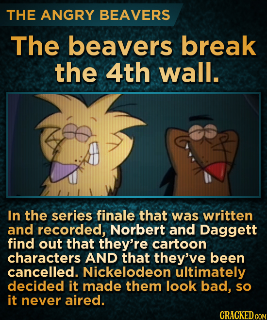 THE ANGRY BEAVERS The beavers break the 4th wall. In the series finale that was written and recorded, Norbert and Daggett find out that they're cartoo