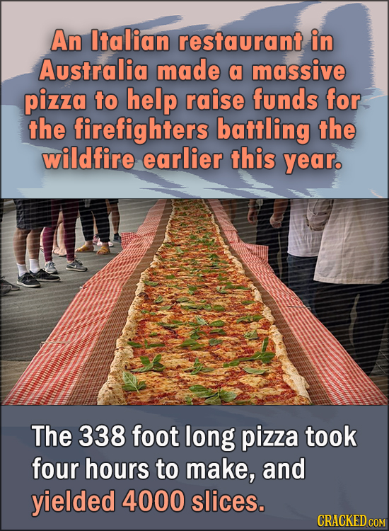 15 Feel Good Stories Of 2020 To End This Wretched Year - An Italian restaurant in Australia made a massive pizza to help raise funds for the firefight