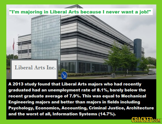 I'm majoring in Liberal Arts because I never want a job! Liberal Arts Inc. A 2013 study found that Liberal Arts majors who had recently graduated ha