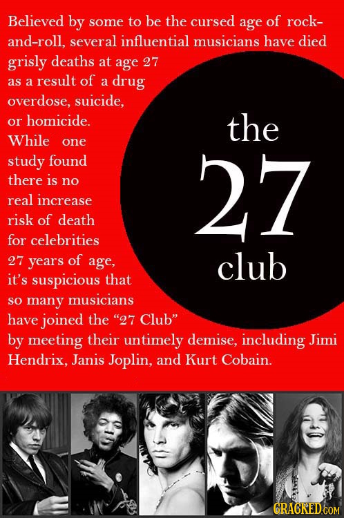 Believed by some to be the cursed age of rock- and-roll, several influential musicians have died grisly deaths at age 27 as of a result a drug overdos