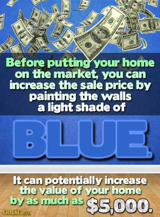 TESEERR ND Before putting your home on the market, you can increase the sale price by painting the walls a light shade of BLUE It can potentially incr