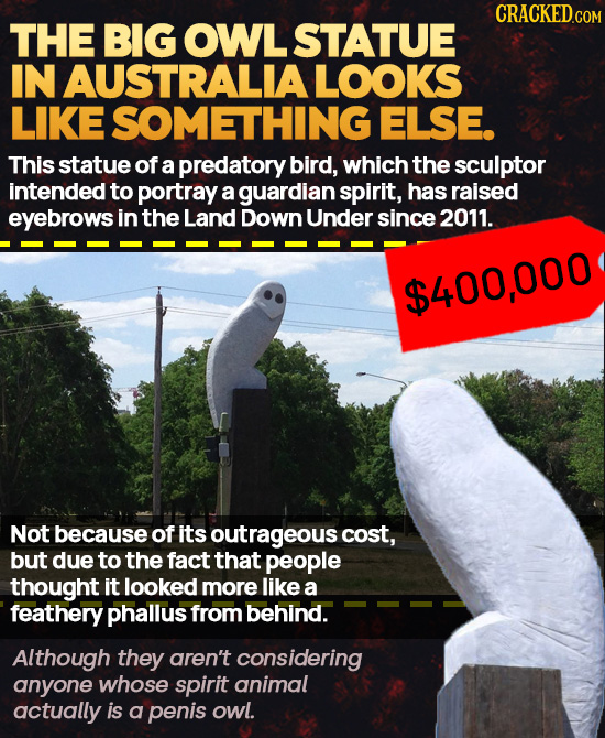 CRACKEDcO THE BIG OWL STATUE IN AUSTRALIA LOOKS LIKE SOMETHING ELSE. This statue of a predatory bird, which the sculptor intended to portray a guardia