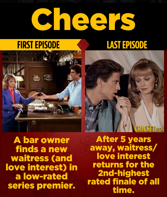 Cheers FIRST EPISODE LAST EPISODE CRACKEDO A bar owner After 5 years finds waitress/ a new away, waitress (and love interest love interest) in returns