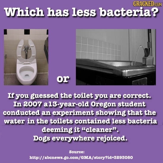 CRACKEDO COM Which has less bacteria? or If you guessed the toilet you are correct. In 2007 -year-old Oregon student conducted an experiment showing t