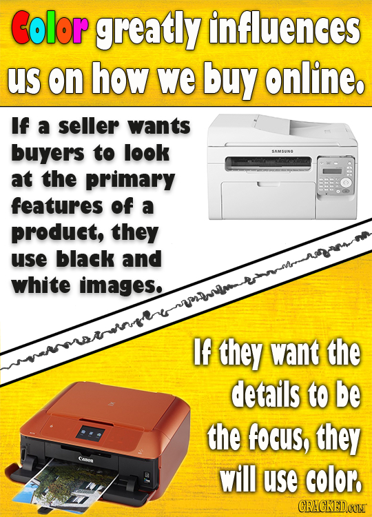 Color greatly influences us on how we buy online If a seller wants buyers to look SAMSUNO at the primary features of a product, they use black and whi