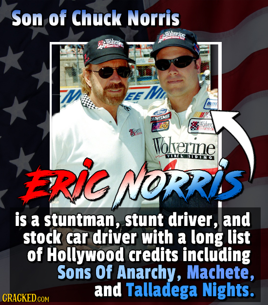 Son of Chuck Norris EE WAETSMAR Wolverine NORRIS VINL IDINC is a stuntman, stunt driver, and stock car driver with a long list of Hollywood credits in