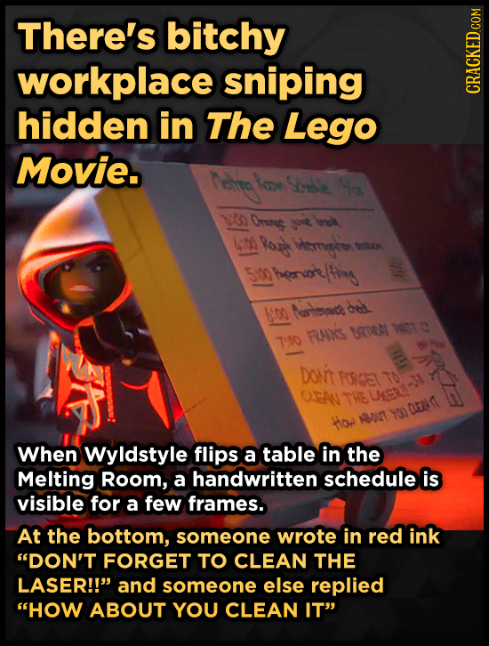 There's bitchy workplace sniping hidden in The Lego Movie. 1:00 Onens L Ror tmouser u 500 Sm Agentling cdl 6i00 Mrtice FAIS NTM T To e Do't FORGET To