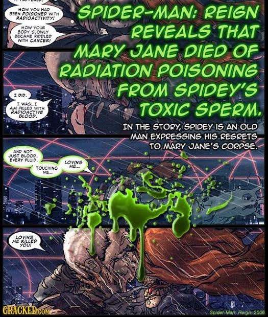 HOW you HAD SPiDer-MAN: REIGN BEEN POISONED WITH RAPIOACTIVITY! HOW YOUR REVEALS THAT BODY SLOWLY BECAME RIDOLED WITH CANCER! MARY JJANE DIED OF RADIA