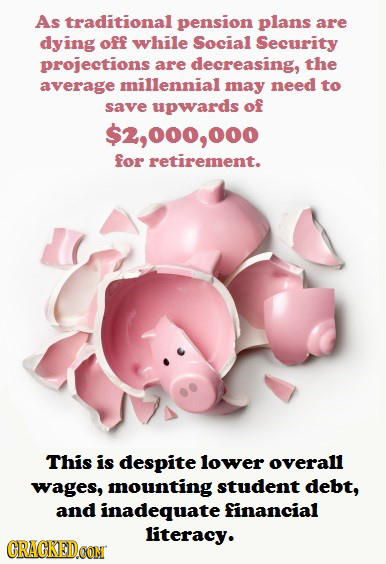 As traditional pension plans are dying off while Social Security projections are decreasing, the average millennial may need to save upwards of ,000,0