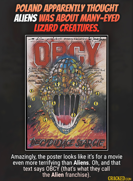 POLAND APPARENTLY THOUGHT ALIENS WAS ABOUT MANY-EYE LIZARD CREATURES. OPCY film perdukeji sriskie Ri. Jamas slanera NRofach Lw uKjA SIGoURNE ale Ame H