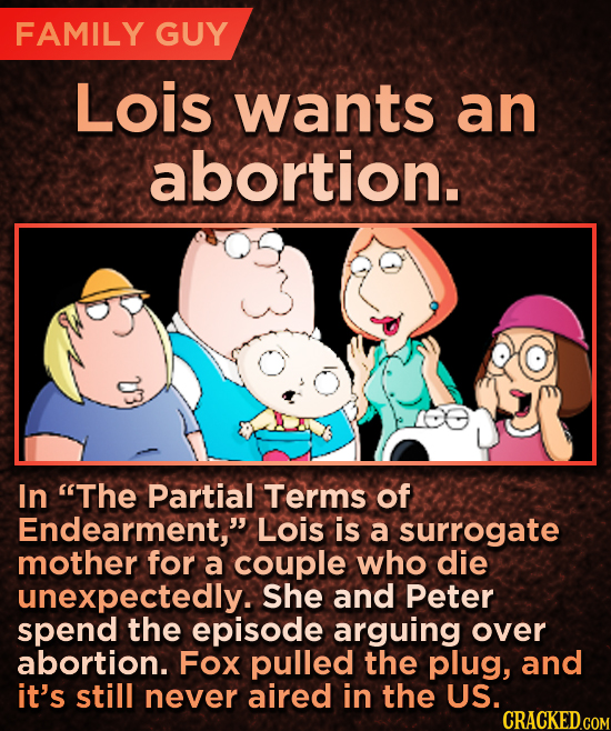 FAMILY GUY Lois wants an abortion. In The Partial Terms of Endearment, Lois is a surrogate mother for a couple who die unexpectedly. She and Peter s