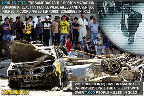 APRIL 15. 2013- THE SAME DAY AS THE BOSTON MARATHON BOMBING AT LEAST 55 PEOPLE WERE KILLED AND OVER 300 INJURED IN COORDINATED TERRORIST BOMBINGS IN I