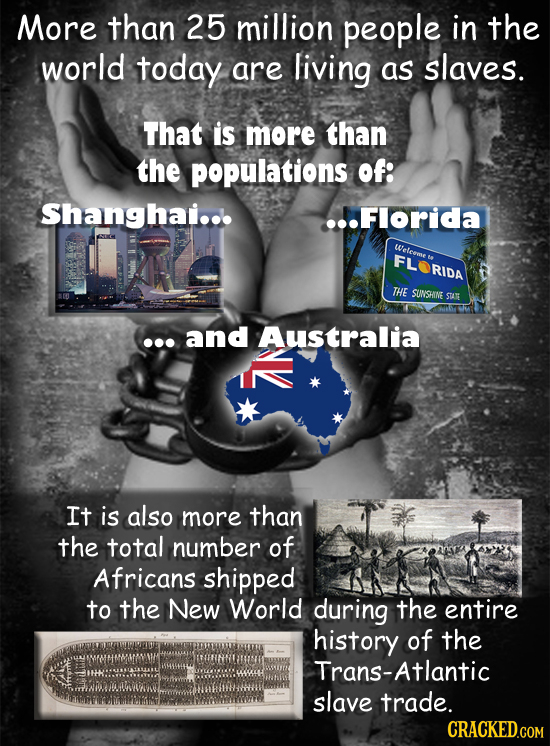 More than 25 million people in the world today are living as slaves. That is more than the populations of: Shanghai.. ...Florida Weleaase t FLORIDA TH