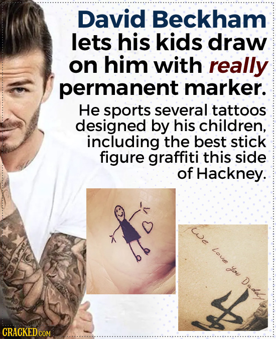 David Beckham lets his kids draw on him with really permanent marker. He sports several tattoos designed by his children, including the best stick fig