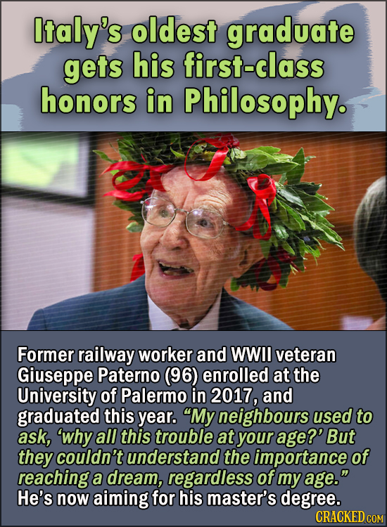 15 Feel Good Stories Of 2020 To End This Wretched Year - Italy’s oldest graduate gets his first-class honors in Philosophy. At 96, former railway wor