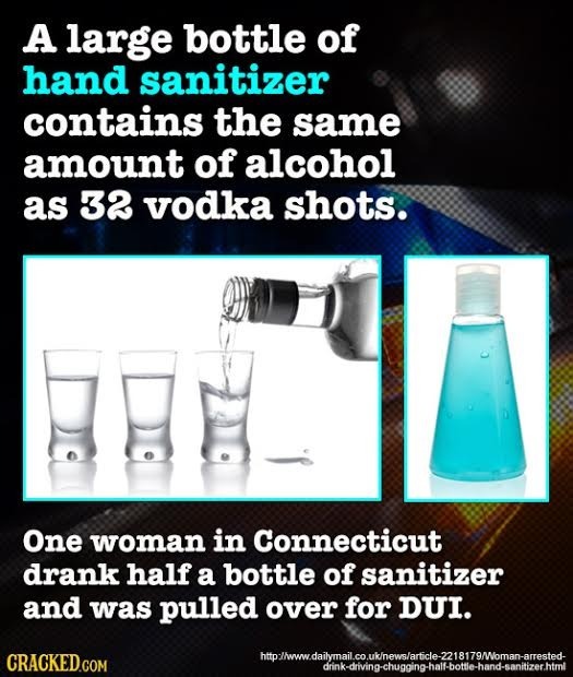 A large bottle of hand sanitizer contains the same amount of alcohol as 32 vodka shots. One woman in Connecticut drank half a bottle of sanitizer and