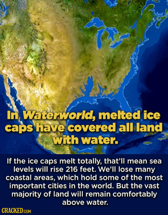 In Waterworid, melted ice caps have covered all land with water. If the ice caps melt totally, that'll mean sea levels will rise 216 feet. We'll lose